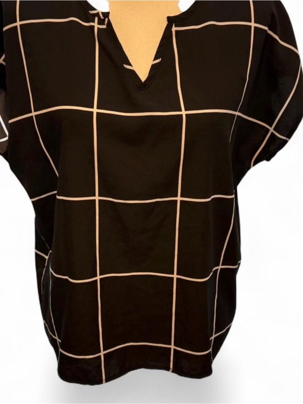 SHEIN Black Windowpane V-Notch Blouse